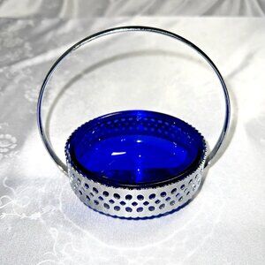 Cobalt Blue Glass Bowl 4 in and Chrome Basket Caddy With Handle Vintage EUC